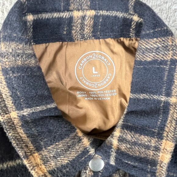 Carbon2Cobalt Jacket Mens XL Blue Tan Plaid Sherpa Lined Snap Shirt Shacket - Picture 3 of 9